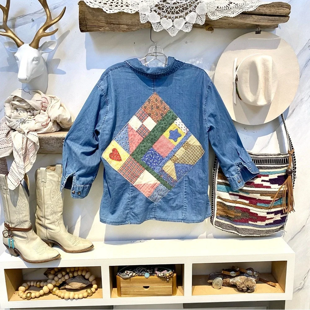Upcycled patchwork vibe print on denim shirt w prairie country vibe - Picture 3 of 13